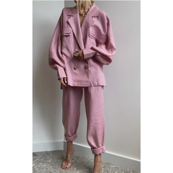 J'amemme Sienna Double-Breasted Blazer & High Waisted Trouser Set Pink Womens OS